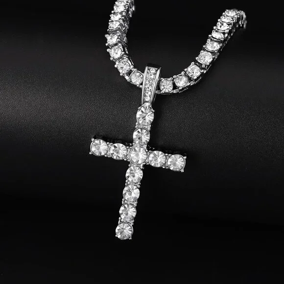 ⭐ Beautiful 2Pc 24" Diamond Necklace & Cross Pendant With 4mm Diamonds 18k ⭐ - Picture 4 of 10